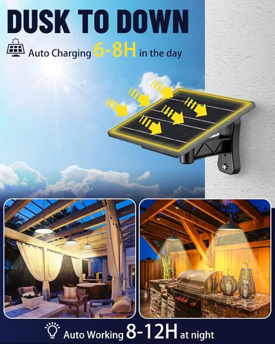 Vista 4 de Luces colgantes solares con control remoto, 3 colores, 2 modos de brillo, temporizador, lámpara de techo colgante para exteriores de 20 cm