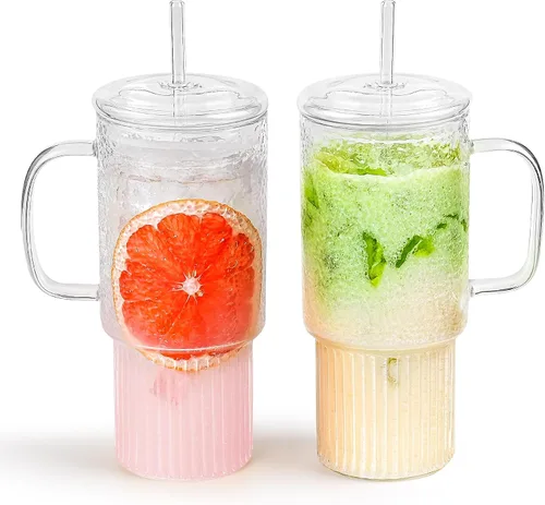 Vista 7 de Vasos de vidrio de 32 onzas con asa y tapas de bambú y pajitas, paquete de 2 vasos de vidrio de borosilicato para café helado, batidos, bebidas