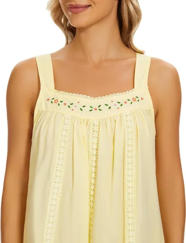 Vista 4 de YOZLY Camisones de algodón para mujer, sin mangas, bordados, con bolsillos, S-XXL