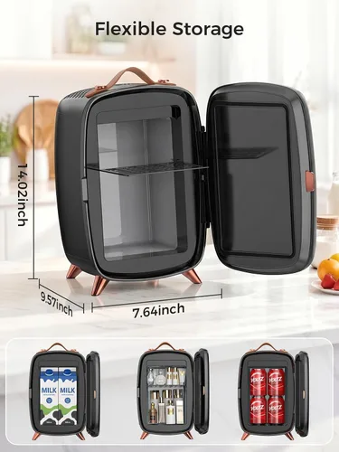 Vista 5 de COWSAR Mini refrigerador para dormitorio con espejo de luz LED regulable, refrigerador para el cuidado de la piel de 6 litros/8 latas con mango Negro