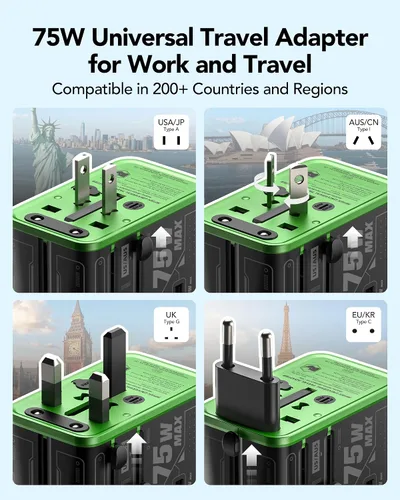 Vista 3 de MFish Adaptador de viaje universal de 75 W, adaptador de corriente internacional de 5 puertos con cable USB-C retráctil, 3 USB-C y 1 salida USB-A +