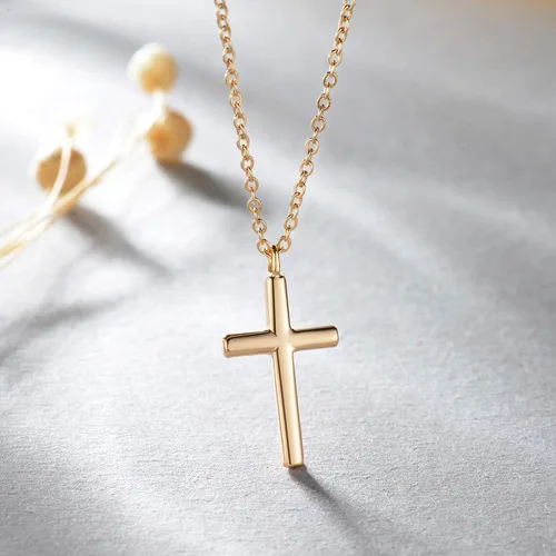 Vista 4 de Fettero - Collar con dije de cruz de fe, chapado en oro de 14 K, cadena fina, minimalista, simple, pequeña, para oración, regalo de joyería religiosa