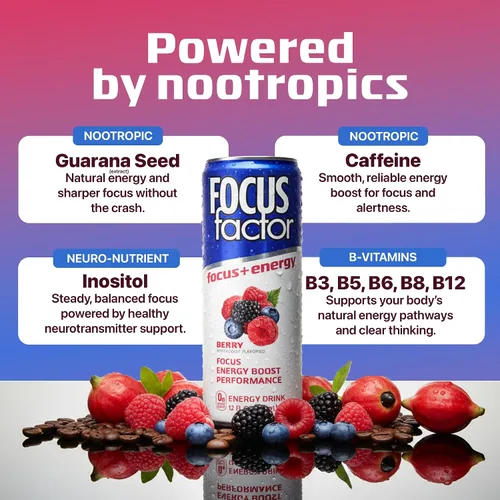 Vista 3 de Bebida energética Focus Factor - 12 latas de 355ml (sabor ponche de frutas) - con Focus + Energía - Ligeramente carbonatada, sin azúcar, bajas