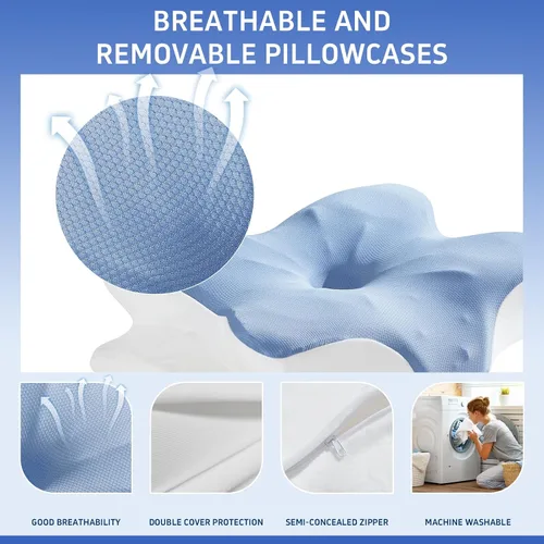Vista 4 de Gooo&Ma Almohada cervical de apoyo para el cuello para aliviar el dolor, espuma viscoelástica ortopédica (azul)