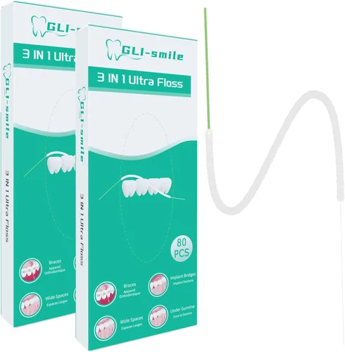 Vista 8 de Hilo dental 3 en 1, hilo dental definitivo, hilo dental con enhebrador, hilo dental de puente, para retenedor, frenos, ortodoncia, hebras