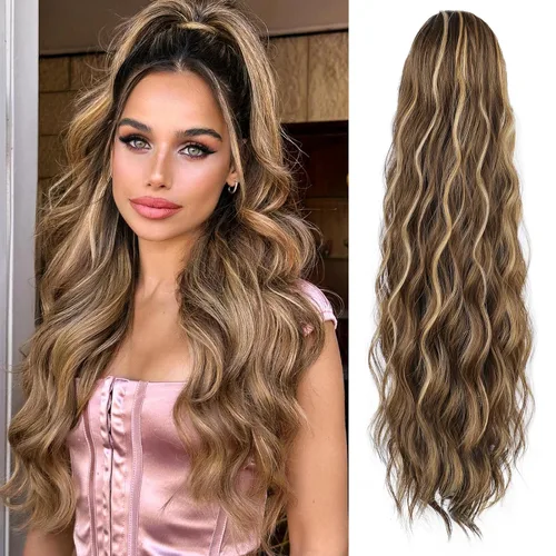 Vista 14 de FREEMEIGE Extensión de Cola de Caballo de 22 Pulgadas Negro Mezclado con Burdeos Larga Ondulada con Cordón Extensión de Cola de Caballo para Mujeres