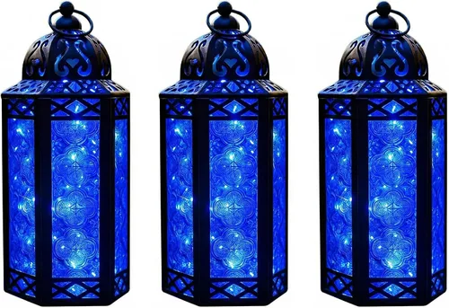 Vista 70 de VELA LANTERNS Juego de 2 portavelas decorativos de LED con luces de hadas de 12" de metal marroquí para colgar o mesa, decoración del hogar