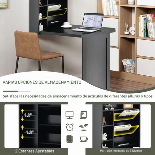 Vista 7 de Escritorio montado en la pared, escritorio flotante plegable de madera, escritorio convertible para computadora con área de almacenamiento, mesa