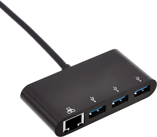Vista 3 de Amazon Basics Adaptador de 4 puertos con 3 puertos USB-A 3.0 y 1 puerto Ethernet RJ45 Gigabit, negro