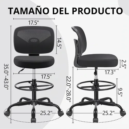 Vista 3 de Primy Silla Alta de Escritorio de Dibujo - Sin Brazos, Altura Ajustable, Respaldo de Malla, con Ruedas, Silla de Escritorio de Pie para Sala de Negro