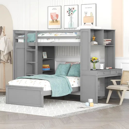 Vista 10 de Cama tipo loft de tamaño individual con armario, marco de cama de madera con plataforma independiente, estantes de almacenamiento y barandilla