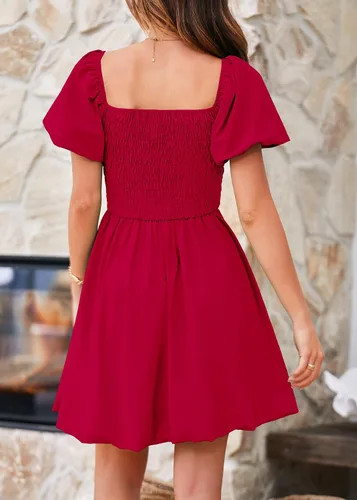 Vista 5 de KIRUNDO Vestido corto de verano para mujer, cuello cuadrado, manga abombada, hombros descubiertos, volantes, acampanado, con volantes