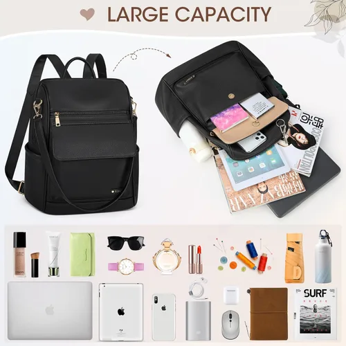 Vista 9 de NUBILY Mochila de cuero antirrobo para mujer, mochila de viaje, impermeable, casual, mochilas de moda, Negro -, Moda
