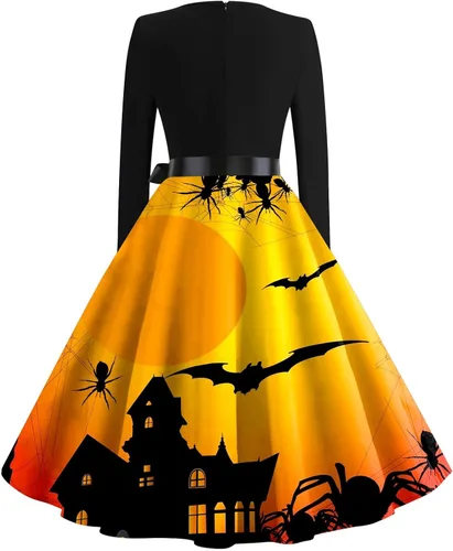 Vista 2 de Vestidos vintage de murciélago de calabaza para mujer, vestido ajustado y acampanado para mujer, vestido de otoño de manga larga, vestido vintage