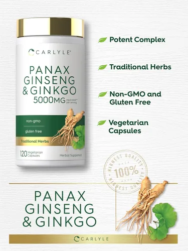 Vista 4 de Carlyle Panax Ginseng y Ginkgo 120 Cápsulas Vegetarianas Suplemento sin OMG y sin gluten