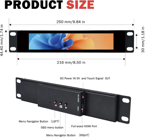 Vista 2 de GeeekPi Pantalla táctil LCD de 6.91 pulgadas 1424x280 1U Monitor de montaje en rack para DeskPi RackMate T0/T1/T2/T0 Plus/T1 Plus/TL1 gabinete