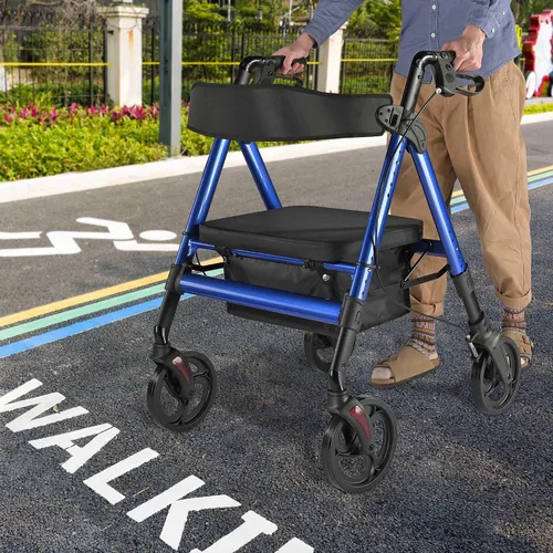 Vista 9 de AW Andador con asiento plegable, andador bariátrico vertical médico para personas mayores, aluminio resistente con doble freno, soporta hasta 450