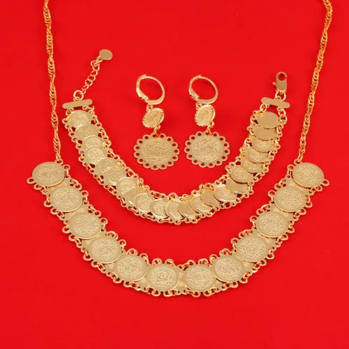 Vista 3 de Juego de joyas chapadas en oro, joyería etíope, moneda, pulsera, pendientes, collar, Latón