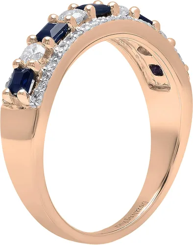 Vista 2 de Dazzlingrock Collection Anillo de boda de 9 piedras de zafiro azul princesa y diamante blanco redondo de 0.098 in cada uno en oro de 14 quilates