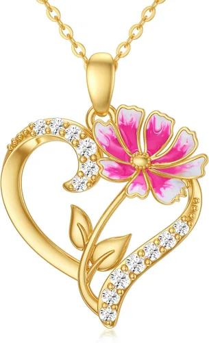 Vista 14 de Collar de flor de nacimiento de oro real de 14 quilates para mujer, oro amarillo creado moissanita con colgante de corazón, collares