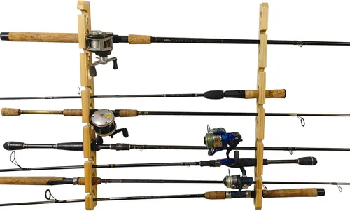Vista 6 de Old Cedar Outfitters Soporte para caña de pescar de pino macizo para almacenamiento en pared y techo (pared/techo)