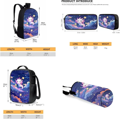 Vista 4 de Belidome Juego de mochila escolar, estuche para lápices, bolsa de almuerzo, soporte para botellas para niños y niños, paquete de 4, Adorable Axolotl
