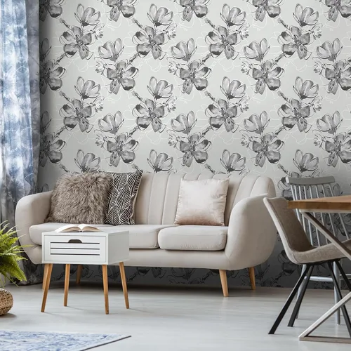 Vista 6 de VaryStyle Papel tapiz floral de tinta de 17.7 x 118 pulgadas, papel tapiz floral gris y blanco, papel de contacto vintage neutro para pared, papel