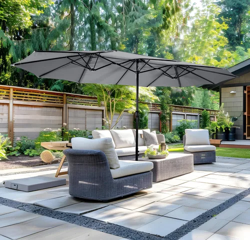 Vista 20 de Sombrilla de doble cara para patio de 15 x 9 pies con base y manivela, sombrilla rectangular extragrande para patio, césped y jardín, beige