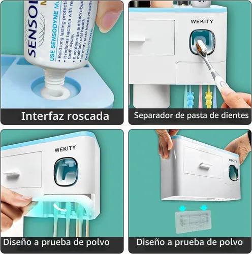 Vista 4 de Soporte multifuncional para cepillos de dientes montado en la pared, dispensador automático de pasta de dientes que ahorra espacio para cepillos