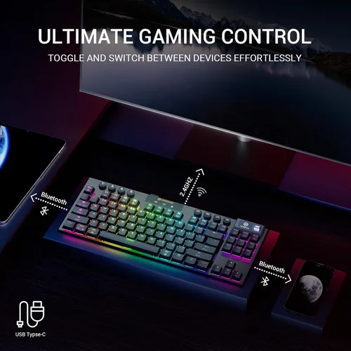 Vista 2 de Hexgears Teclado mecánico Immersion A3 TKL, Bluetooth2.4GUSB-C inalámbrico con interruptores de perfil bajo, pantalla de visualización