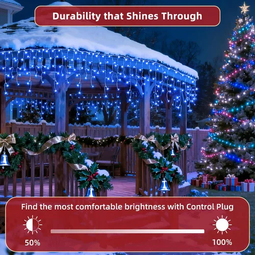 Vista 4 de 504 luces LED de Navidad para exteriores de 50 pies con 112 gotas, decoraciones de Navidad, luces colgantes de 12 modos, luces regulables para Azul