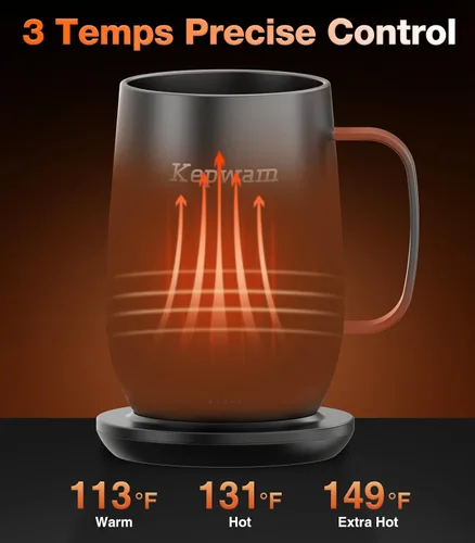 Vista 2 de Kepwam Taza de Café con Calefacción T2-Plus, taza de café autocalentable de gran capacidad líder de 20 onzas, hasta 8 horas de batería y caliente