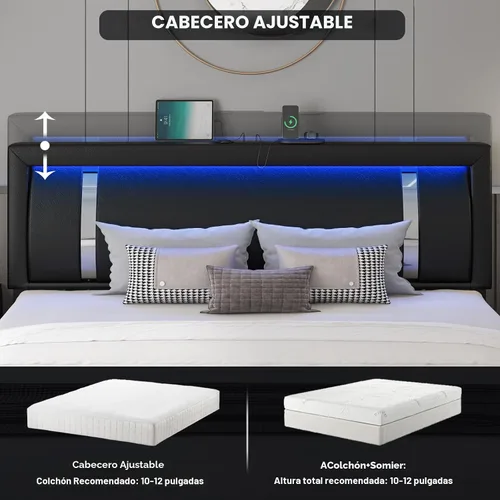 Vista 4 de Marco de cama tamaño completo (Full Size) con cabecero de luces LED RGB y 2 cajones de almacenamiento, moderna plataforma inteligente tapizada