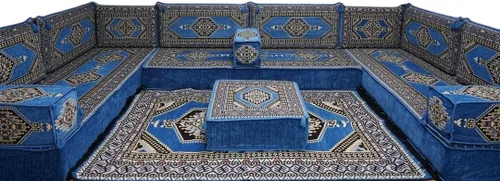 Vista 146 de arabicsofa Sofá en forma de U de estilo árabe para el suelo – Juego de Majlis hecho a mano – Sofá de estilo bohemio