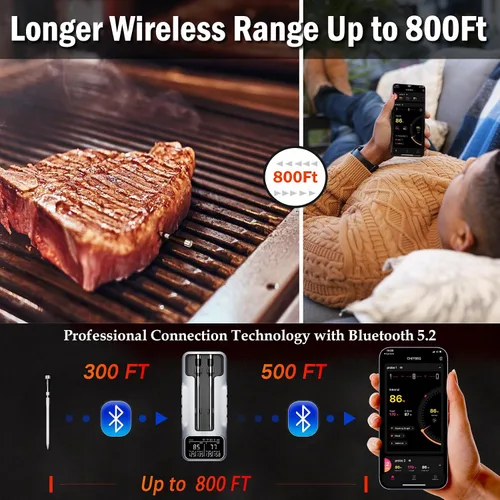 Vista 5 de Termómetro inalámbrico de doble sonda para carne, para asar a la parrilla, ahumar, barbacoa, termómetro inteligente habilitado con Bluetooth con 2