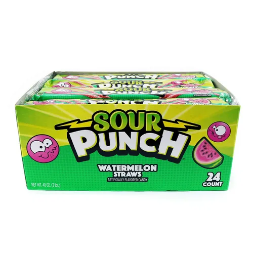 Vista 2 de Sour Punch Pajitas, sabor a fruta de sandía, bandeja de 2 onzas (paquete de 24), dulces suaves y masticables