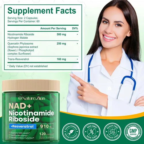 Vista 2 de O NATURE . ZIRAN Suplemento NAD, NAD nicotinamida ribósido 910 mg para hombres y mujeres, resveratrol liposomal de ribósido de nicotinamida