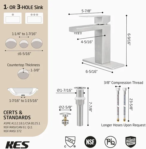 Vista 6 de KES L3156ALFF12-BS-C2-PL - Grifos de baño para fregadero de un solo orificio o 3 agujeros, acero inoxidable, drenaje desplegable sin desbordamiento