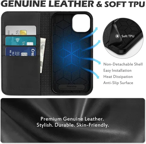 Vista 3 de SHIELDON Funda para iPhone 13, de piel auténtica, con función atril, bloqueo RFID, tarjetero de crédito, a prueba de golpes, protección completa
