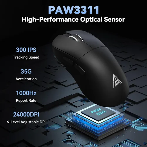 Vista 5 de SOLAKAKA SM822 - Mouse inalámbrico para juegos con base de carga, mouse inalámbrico de tres modos, sensor óptico PAW3311, hasta 24,000 DPI, mouse