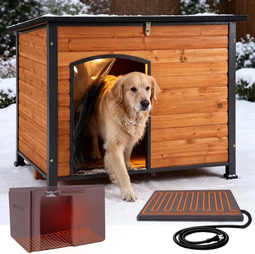 Vista 17 de Casa para perros climatizada al aire libre con almohadilla térmica resistente a la intemperie para perros con marco de hierro antimasticación