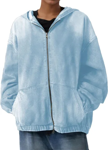 Vista 6 de Sudadera con capucha de mezclilla con cremallera para mujer, abrigos con bolsillos