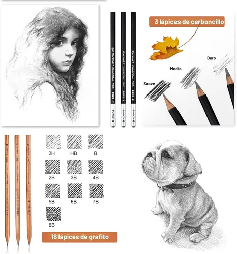 Vista 3 de YunQiDeer Lápices de dibujo, suministros de arte, kit de lápices de boceto para niños y adultos, juego de lápices de arte de grafito de carbón