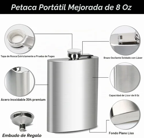 Vista 2 de Frasco de 8 onzas para hombre, frasco de acero inoxidable a prueba de fugas con embudo, ideal para acampar y regalar