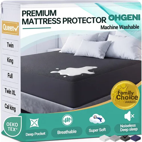 Vista 12 de OhGeni - Protector de colchón impermeable, tamaño Queen, con bolsillo profundo de 6 a 18 pulgadas, transpirable, sin ruido, suave, lavable, a prueba