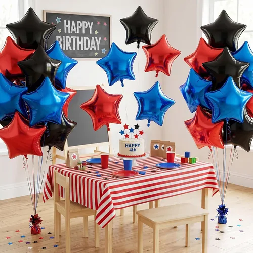 Vista 7 de Globos de estrellas rojas, azules y negras, globo de papel de aluminio de 18 pulgadas para helio, paquete de 10 globos rojos y azules, globo de Negro