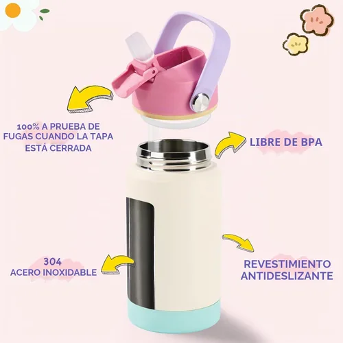 Vista 2 de Kerilyn 12oz Kids Water Bottle 2 Pack, Stainless Steel Insulated Water Bottle Bulk, Toddler Cups with Straws Leak-Proof, Kids Water Bottles for A.
