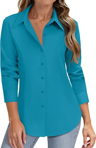 Vista 21 de HOTOUCH Camisas de manga larga con botones para mujer, camisas de vestir con protección contra manchas, ajuste delgado, blusas de trabajo, oficina