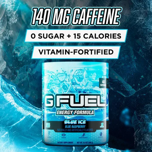 Vista 2 de G Fuel Blue Ice - Bebida energética en polvo, mezcla de cafeína preentrenamiento para juegos, amino de enfoque sin azúcar, vitamina + antioxidantes