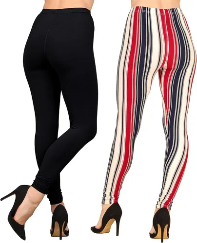 Vista 3 de Lildy - Leggings súper suaves lisas e impresas para mujer, elásticas sin transparencias Rayas negras y rojas/paquete de dos negras